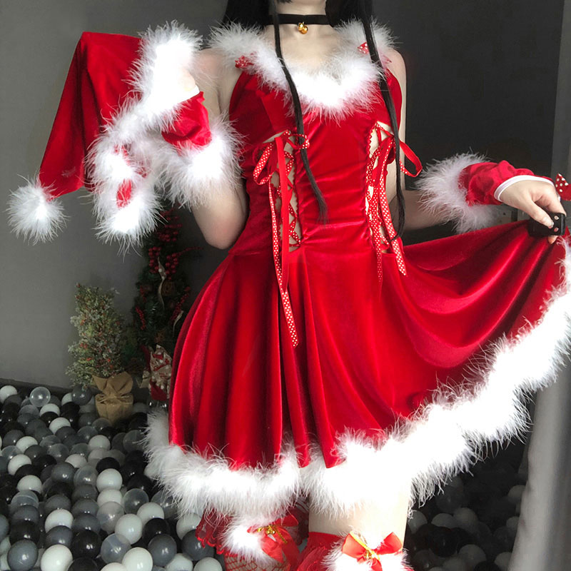 Women Santa Claus Waitress Cosplay Costume Sexy Red Winter Warm Sleeveless Velvet Dress Christmas Xmas Party Maid Uniform