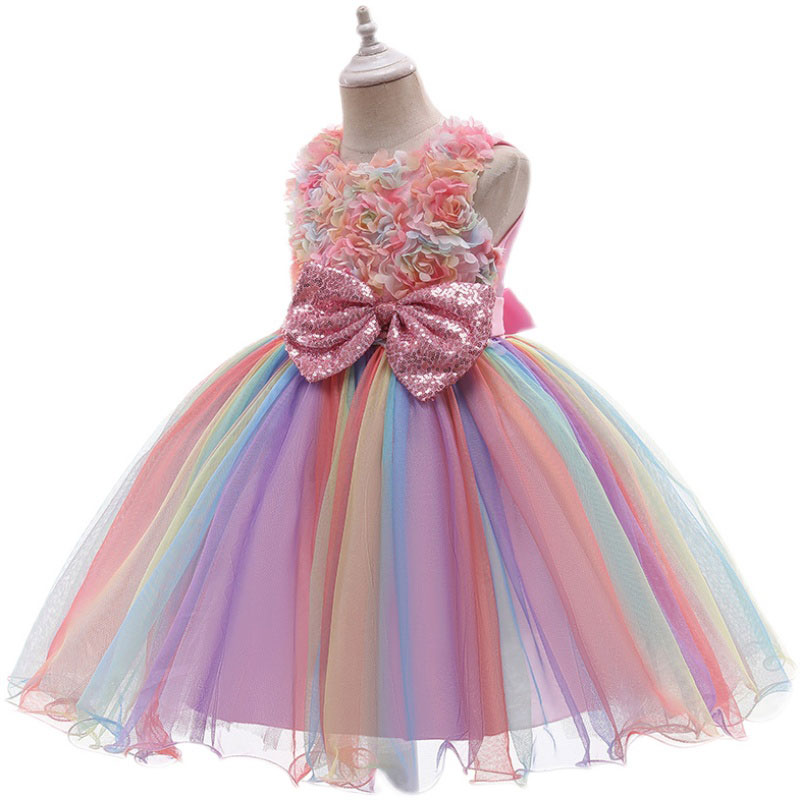 Chirstmas Princess Dress Rainbow Big Bow Fairy Frock for Girls Unicorn Party Dress Up Halloween Costume