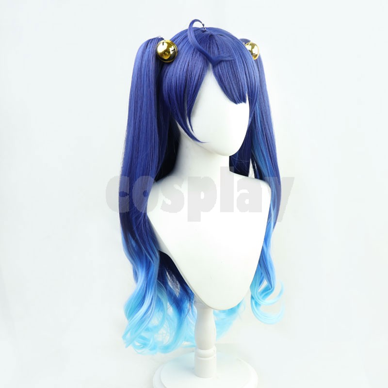 VTuber Amamiya Kokoro Wig Twin Ponytails Bells Gradient Blue Long Curly Synthetic Hair Youtuber Girls Hololive Cosplay